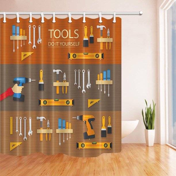 Artjia Tool Decor Do It Yourself Brown Polyester Fabric Bathroom Shower Curtain 66x72 Inches Walmart Com Walmart Com