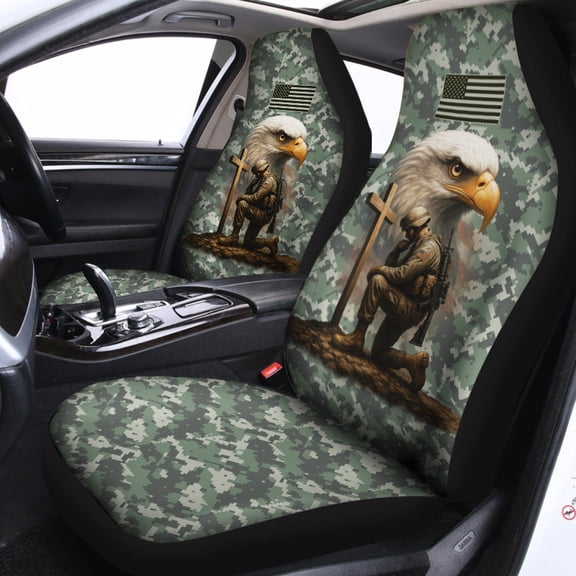 Patriotic Soldier & Bald Eagle Car Seat Covers – Military Memorial Cross Auto Seat Protectors, USA Veteran Tribute Camo Car Accessories