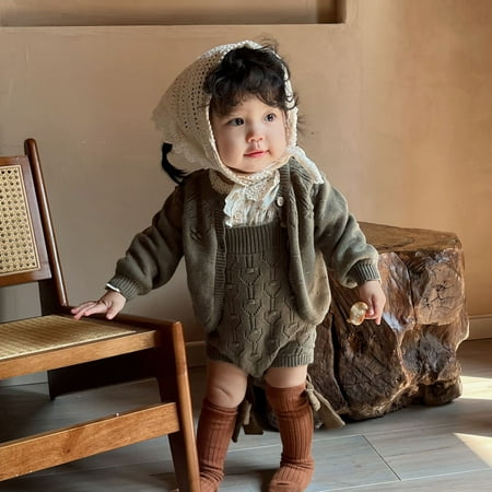 

DDWD Cutemily autumn and winter retro ins infant cute round neck knitted top baby girl sling romper 2 pieces suit
