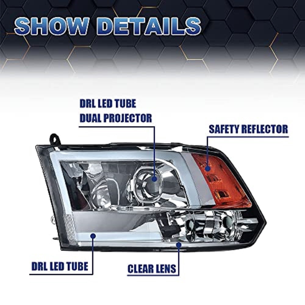 PIT66 LED Headlight, fit for 09-18 Dodge Ram 1500 Headlamps Smoke Lens Chrome Housing Amber Reflector