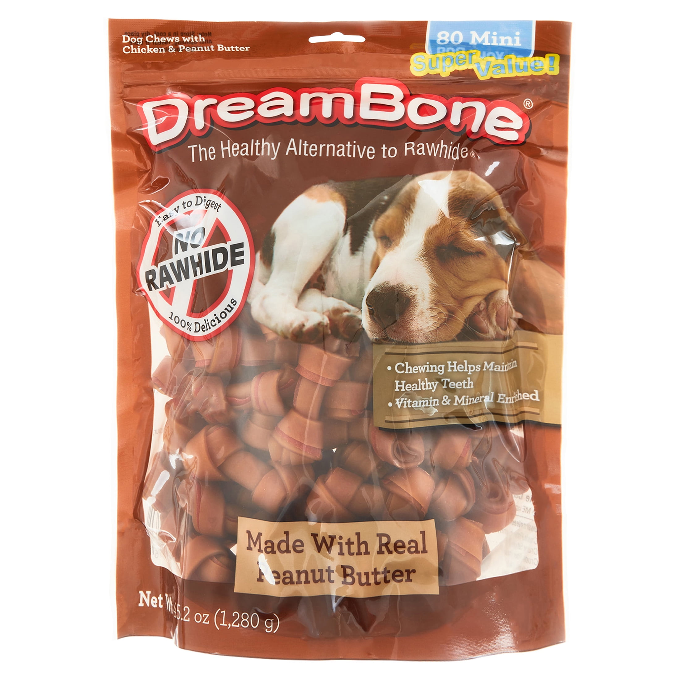 DreamBone Peanut Butter Flavored RawhideFree Dog Chews, Mini, 45.2 Oz