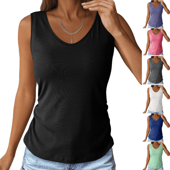 cocolona Womens Tank Tops with Built in Bras V Neck Sleeveless Ribbed Shirts Summer Casual Solid Color Tops Black XL