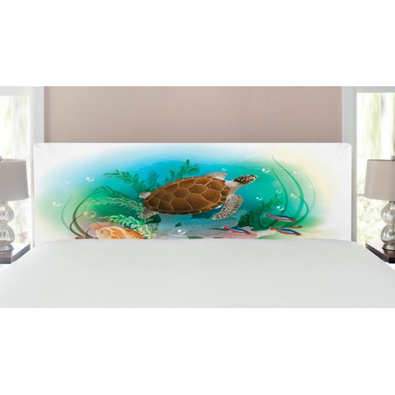 Ocean Headboard, Sea Turtle Swims in the Ocean Tropical Underwater World Aquarium Illustration Print, Upholstered Decorative Metal Bed Headboard with Memory Foam, King Size, Green Brown, by Ambesonne