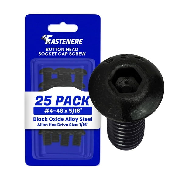 Fastenere Button Head Socket Cap Screws - 4-48 x 5/16" (25-Pcs) Alloy Steel, Fully Threaded, Fine Black Oxide Finish, Corrosion-Resistant, Machine Thread, Easy to Install w/ Allen Hex Drive