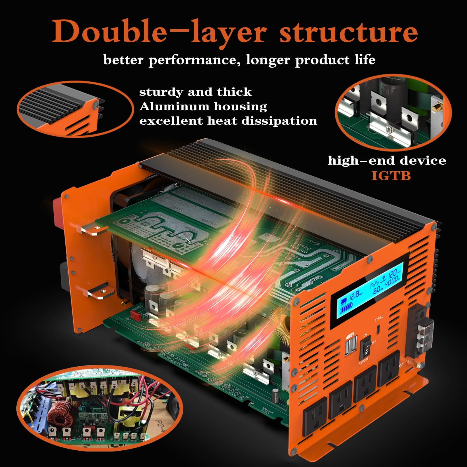 4000 Watt Pure Sine Wave Power Inverter 12V DC to 110V 120V Converter for Family RV Off Grid Solar System Car with Type-C Ports 4 AC Power Outlets Dual USB Ports LCD Display Wireless Remote Control