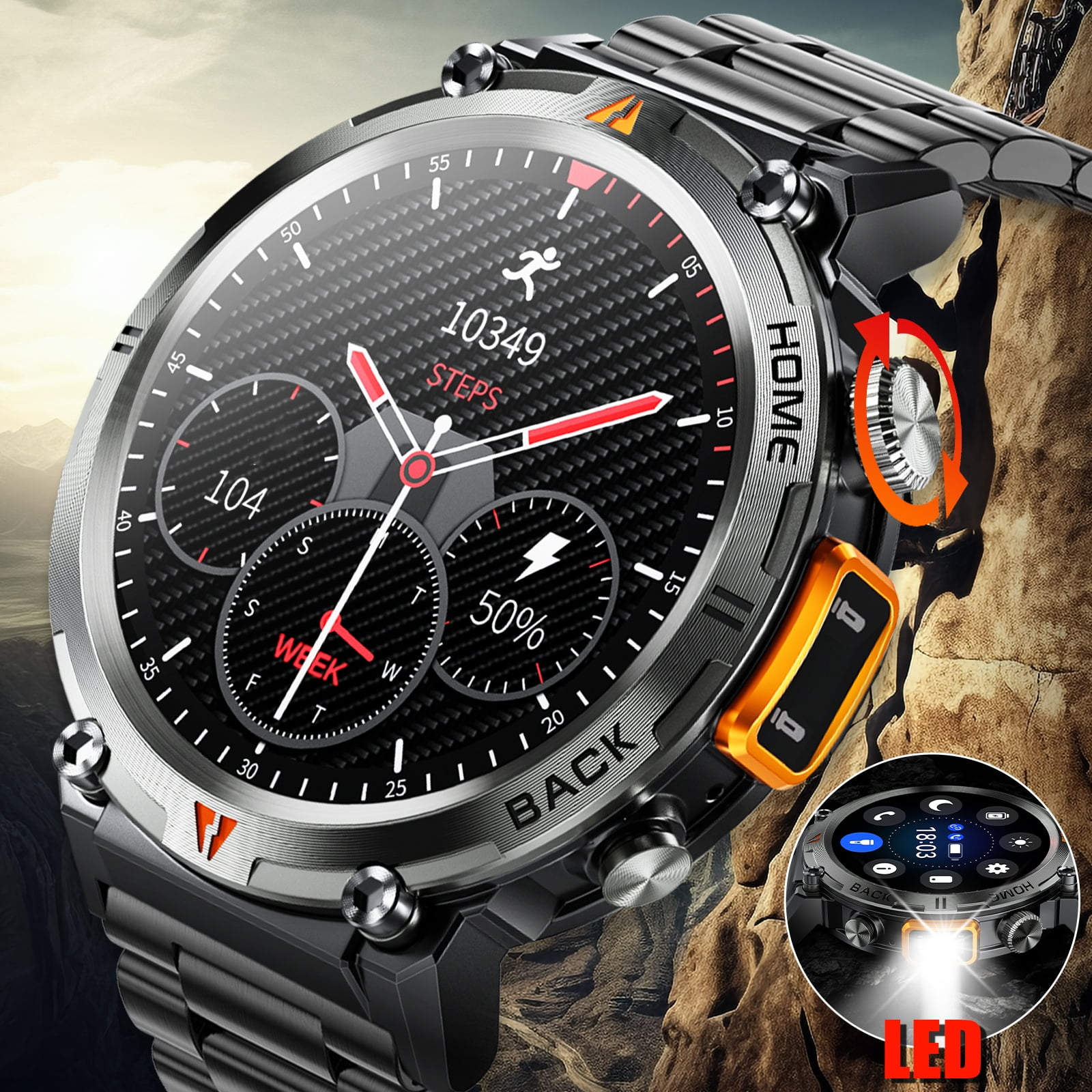 XAXRE Smart Watches with Flashlight for Men, 1.45 inches Bluetooth Call Watch Activity Tracker, Rugged Outdoor Tactical Watch for Android and iPhone, Black