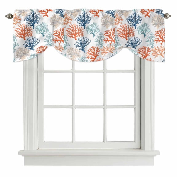 Tie Up Valances for Windows, Multicolored Coral Adjustable Valance Curtains Window Treatment for Living Room, Coastal Ocean Orange Blue Green Ombre Rod Pocket Kitchen Curtains & Drapes 60x18 Inch