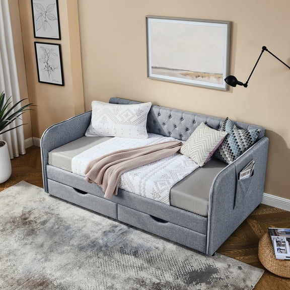 Twin-to-King Expandable Upholstered Daybed with Pull-Out Trundle and Storage Drawers, Button-Tufted Sofa Bed