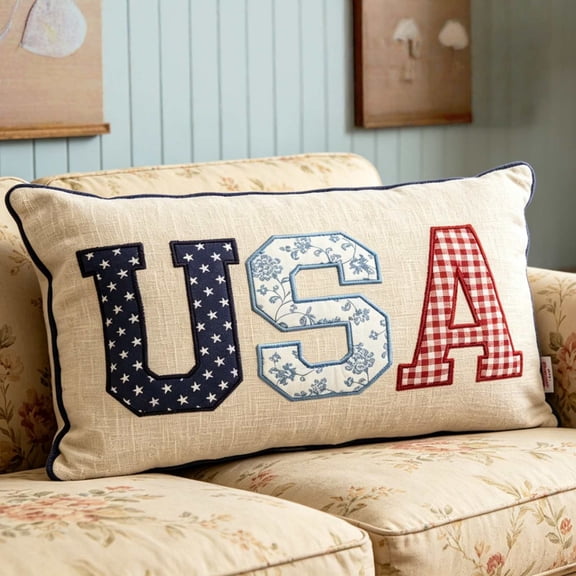 USA Patriotic Lumbar Throw Pillow, Red White Blue Decorative Cushion with Embroidered Floral Letters, Independence Day Farmhouse Pillow for Sofa Couch Bed Holiday Home Decor, 15" x 9"