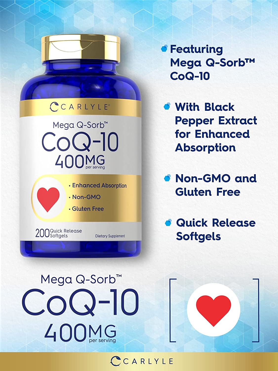 Coq10 400mg | 200 Softgels | High Absorption Coenzyme Q10 | by Carlyle
