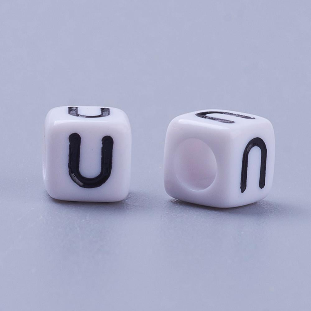 Acrylic Horizontal Hole Letter Beads Cube White Letter U Size: 6mm wide 6mm long 6mm high hole: 3.2mm 2600pcs/500g DIY