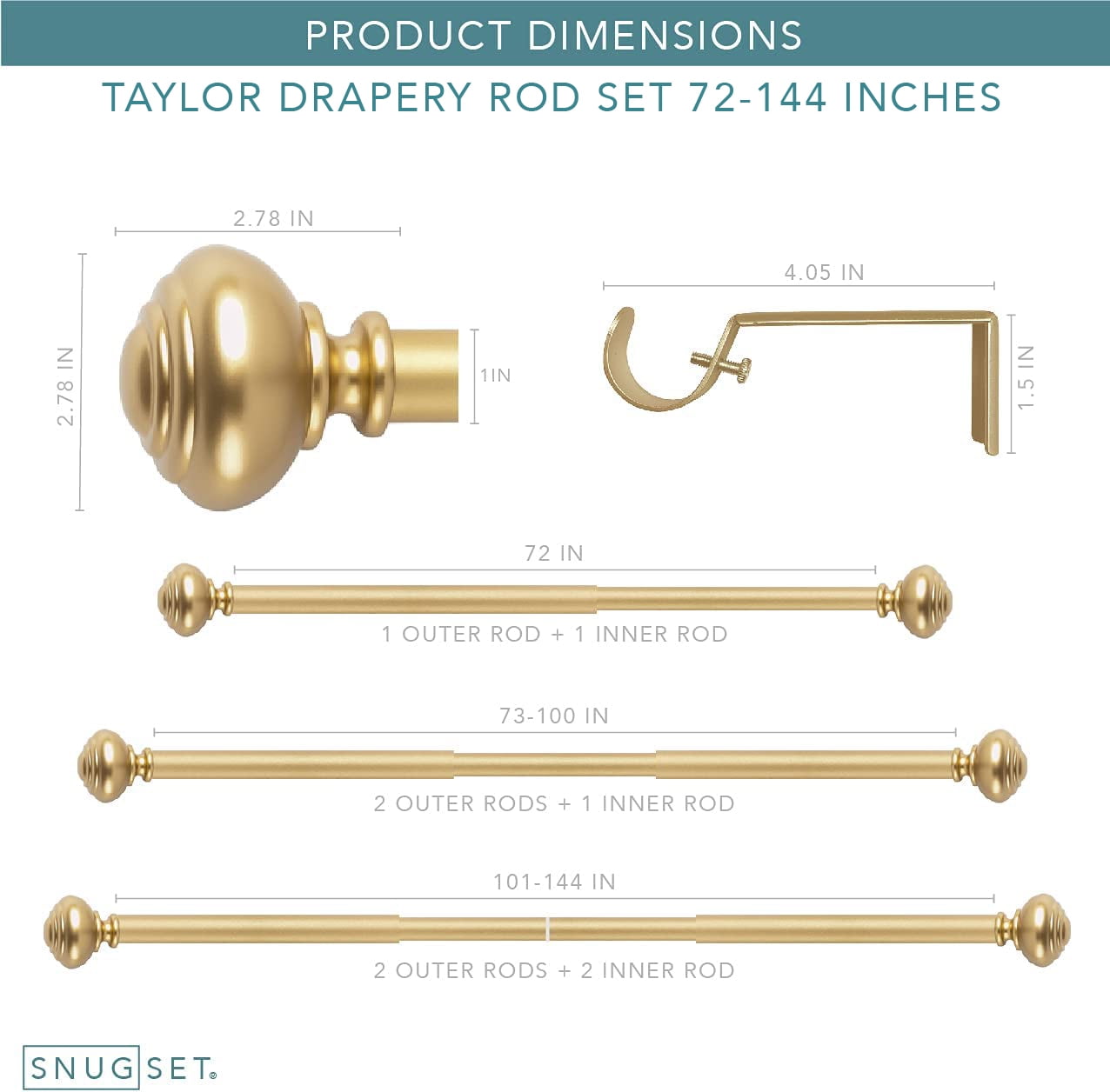 SnugSet 1" Golden Brass Taylor Knob Adjustable Single Curtain Rod, 72"-144"