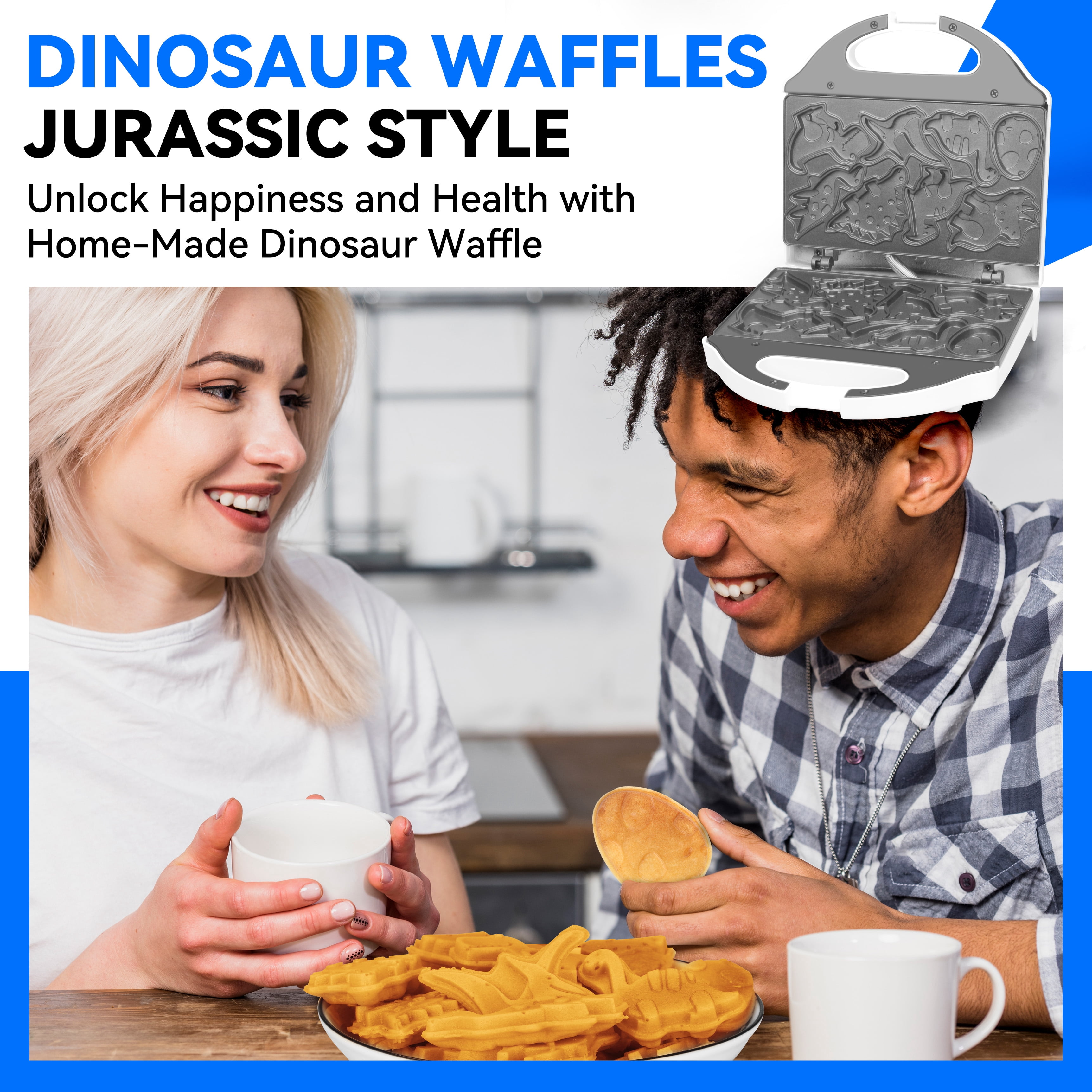 Mailand Dinosaur Mini Waffle Maker for Kids, 8-Shaped Dino Waffle Maker, Electric Non-Stick Waffle Iron, White
