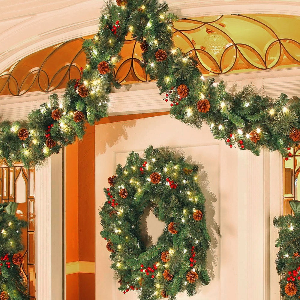Christmas Pre-Lit Decorated Garland Fireplace Door Wreath with Warm White Light 