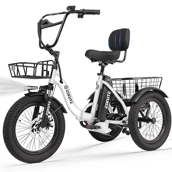 ESKUTE White E Trike Electric Bike, Peak 1200W Brushless Motor Folding Trike 18X3.0 Fat Tire Ebike, 499Wh Removable Battery, Step-Thru 3 Wheel Electric Bicycle, 48V 13AH 18MPH Tricycle for Adults