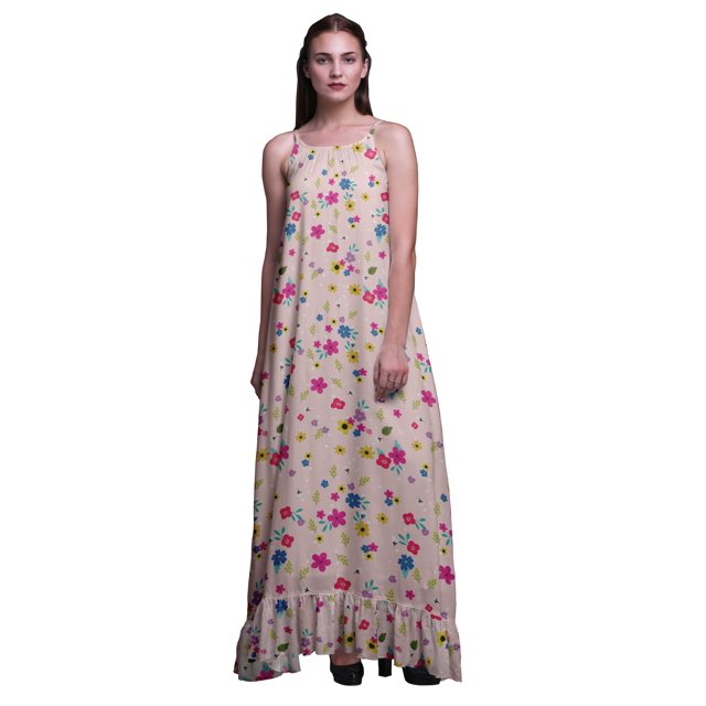 Bimba Robe de Nuit Artistique Imprimée à Fleurs Rose Pâle pour Femmes Longue à Bretelles Spaghetti Robe Maxi Vêtement de Nuit Robe Medium