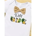 thumbnail image 4 of Zehjuhan Infant Baby Girls Boys Casual Style First Birthday Outfit, Funny "Wild One" Print With Bow Tie, White Romper Bodysuit, And Khaki Shorts With Suspenders Set, 4 of 8