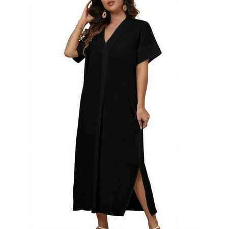 Bsubseach Ladies Swimsuit Cover Up Black Side Site Cotton Kaftan V Neck Dress Casual Outfits