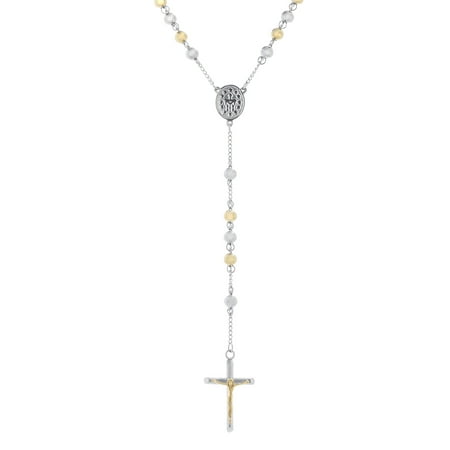 Beaded Silver Tone Cross Reinforcements Two-Tone Gold/Silver Rosary/Crucifix Cross Bead Chain Necklace in Stainless Steel ()
