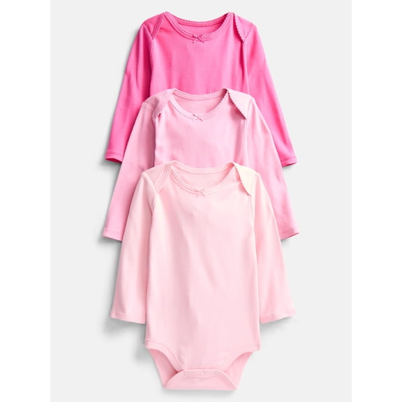 Wonder Nation Baby Girls Long Sleeve Bodysuits, 3-Pack, Sizes 0-24 Months