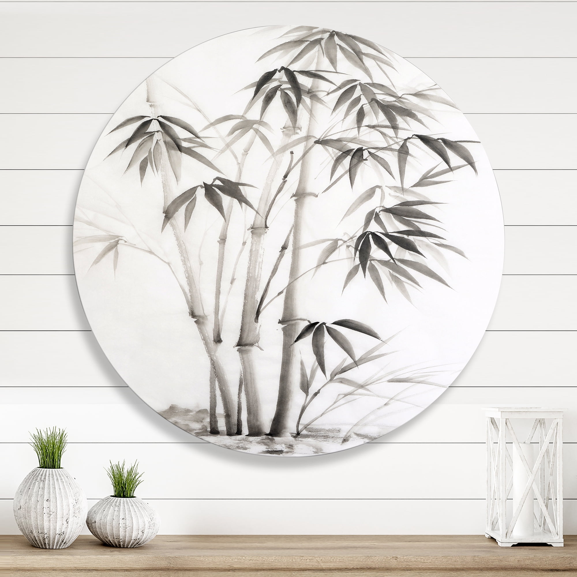 Designart 'Vintage Black and White Bamboo II' Traditional Circle Metal Wall Art 11x11 - Disc of 11