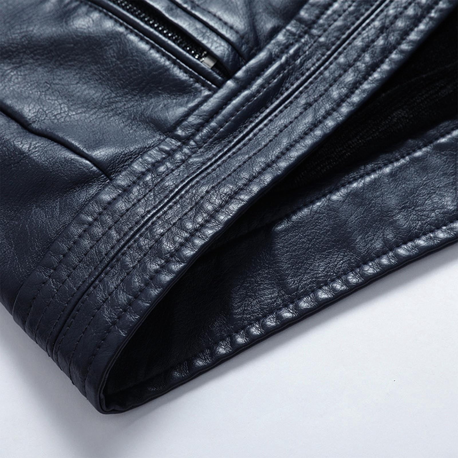 Maoxin Mens Jacket Men Leather Jacket Multiple Pockets Zipper Loose Coat Solid Color Long Sleeved Hooded Leatherwear Coat Jackets for men Blue 2XL
