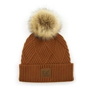 C.C Diagonal Criss Cross Pattern Suede Patch Snuggly Soft Pom Cuff Beanie, Cocoa