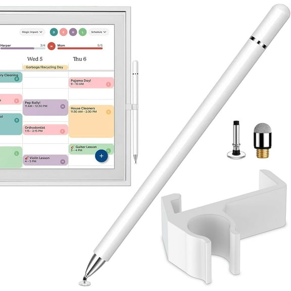 Dual Tip Stylus with Clip Mount for Skylight 15" Calendar - Includes Screen-Safe Mesh & Disc Tips   Replacements, Smudge-Free, White