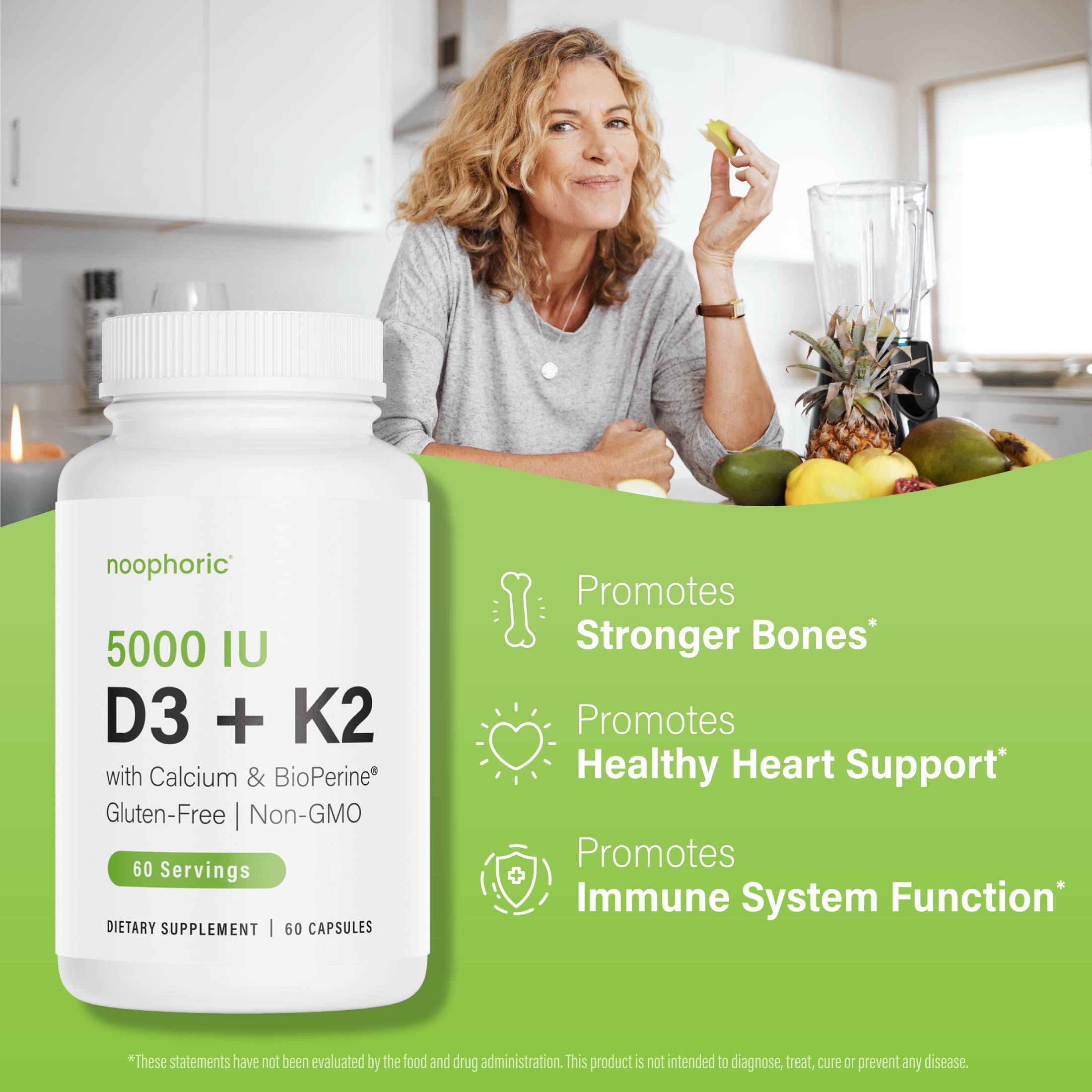 Noophoric Vitamin D3 K2 5000 IU Supplement with Calcium, BioPerine - Non-GMO, 360 Capsules (6 Pack)
