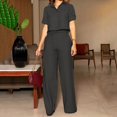 thumbnail image 3 of Wefads Two Piece Set Women Summer Casual Solid Lapel Single Breasted Button Short Sleeve Top With Belt Wide Legs Pants Set, 3 of 5