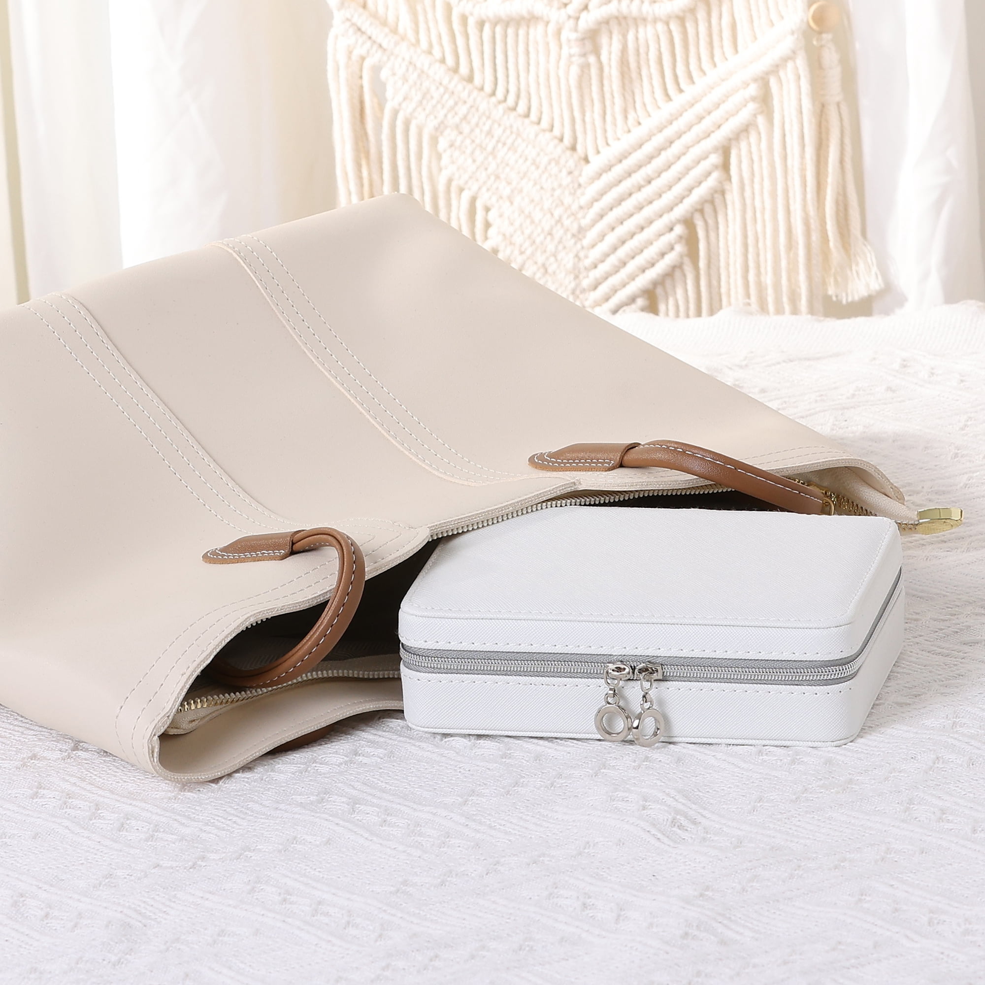 Unique Bargains Travel Jewelry Box Portable PU Leather Jewelry Organizer Case Storage White