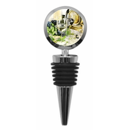 Barrel Cork Watercolor Wine Barrel, Wine Glasses, and Grapes - Metal Wine Bottle Stopper with Vaccum ()