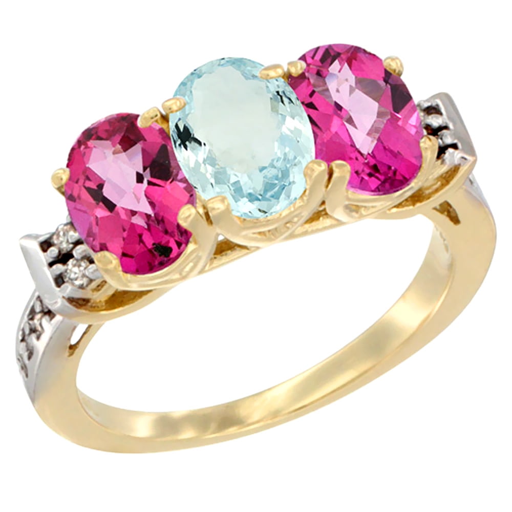 10K Yellow Gold Natural Aquamarine & Pink Topaz Sides Ring 3-Stone Oval 7x5 mm Diamond Accent, sizes 5 10 by WorldJewels