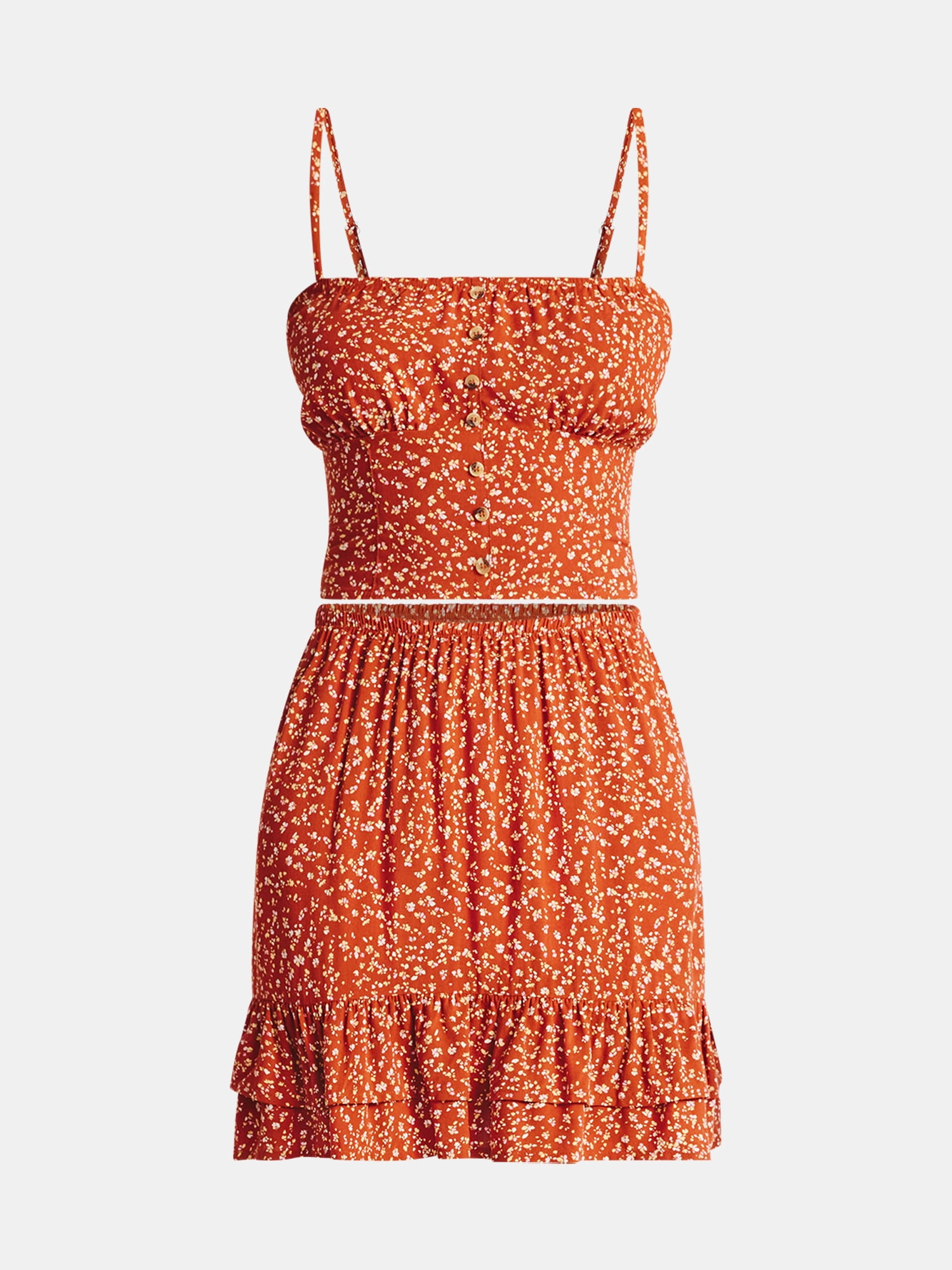 No Boundaries Button Cami and Ruffle Mini Skirt Set, 2-Piece, Women's