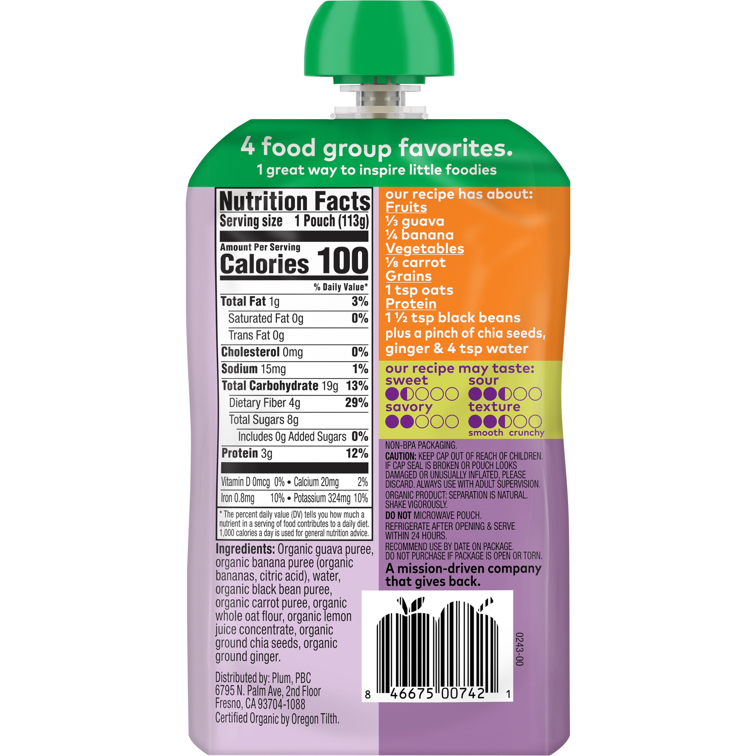 Plum Organics Mighty 4 Organic Toddler Food, Guava, Banana, Black Bean, Carrot and Oat, 4 oz Pouch - Case of 12