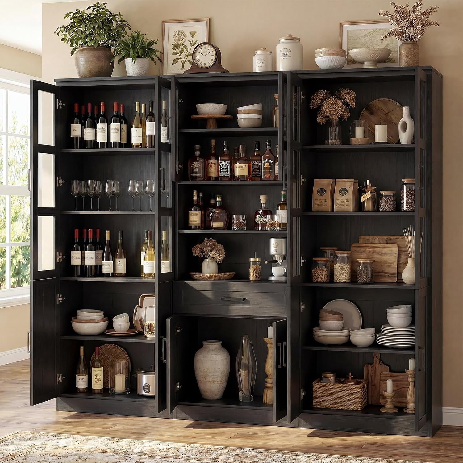 Homieasy 79.7'' Tall Pantry Cabinet 3-Piece Set - 70.8'' Width Kitchen Hutch Cabinet with Drawer and Adjustable Shelves, Suitable for Dining/Kitchen/Living Room, Black