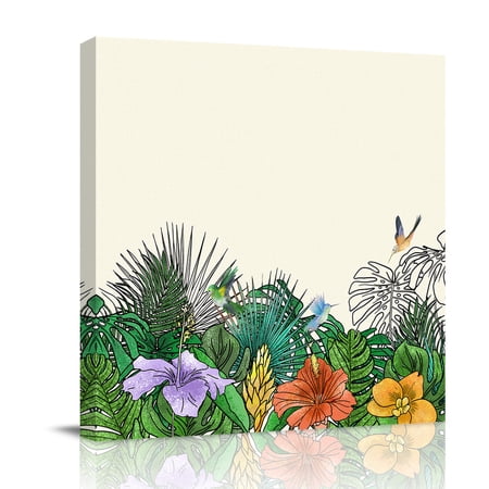 Canvas Wall Art Tropical Green Plant Framed Canvas Prints for Bathroom Kitchen Fern Print Summer Floral Birds Gallery Wrapped Wall Decor for Home Office Gifts 10 x10 Ship Next Day