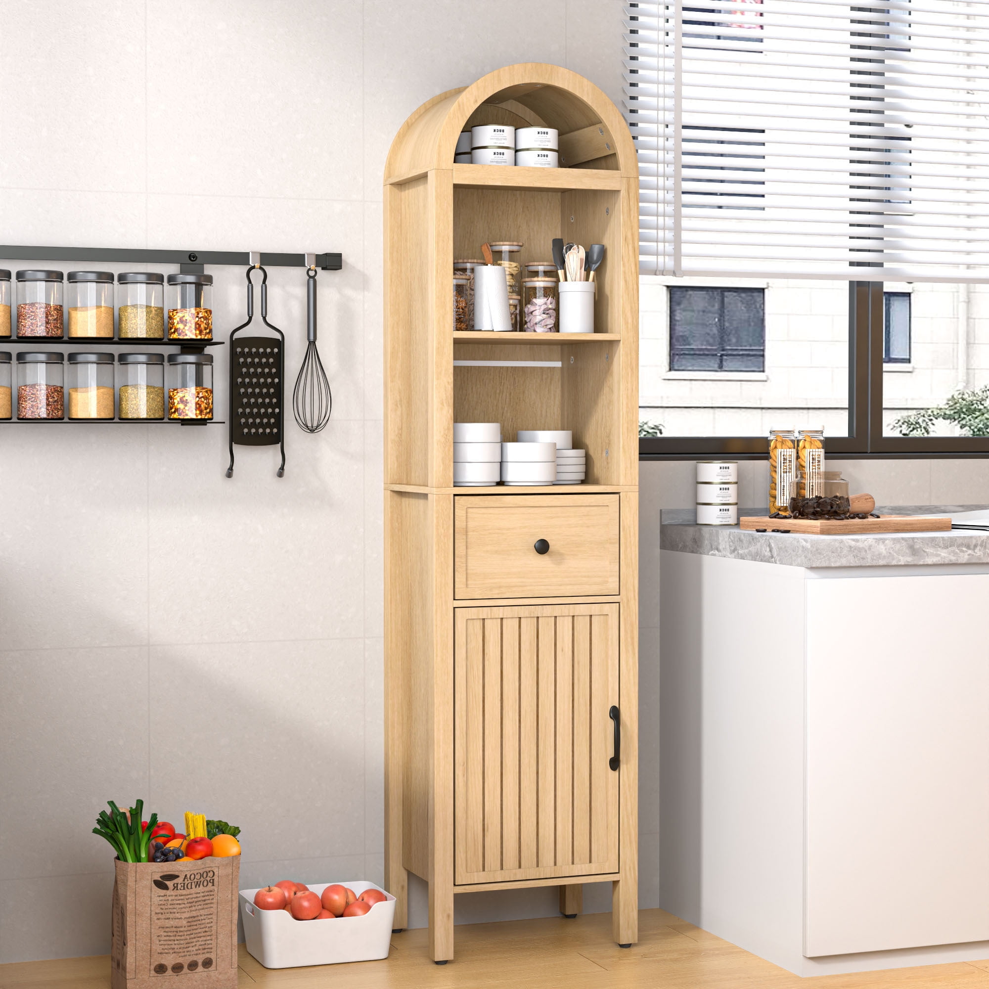 Oubayajia 64" Tall Bathroom Storage Cabinet, Narrow Tall Arched Linen Standing Tower Cabinet, Kitchen Cupboard with Adjustable Shelf and Drawer