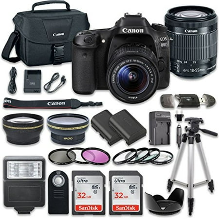 Canon EOS 80D Wi-Fi Full HD 1080P Digital SLR Camera with Canon EF-S 18-55mm f/3.5-5.6 IS STM Lens + 2pc SanDisk 32GB Memory Cards + Accessory Kit