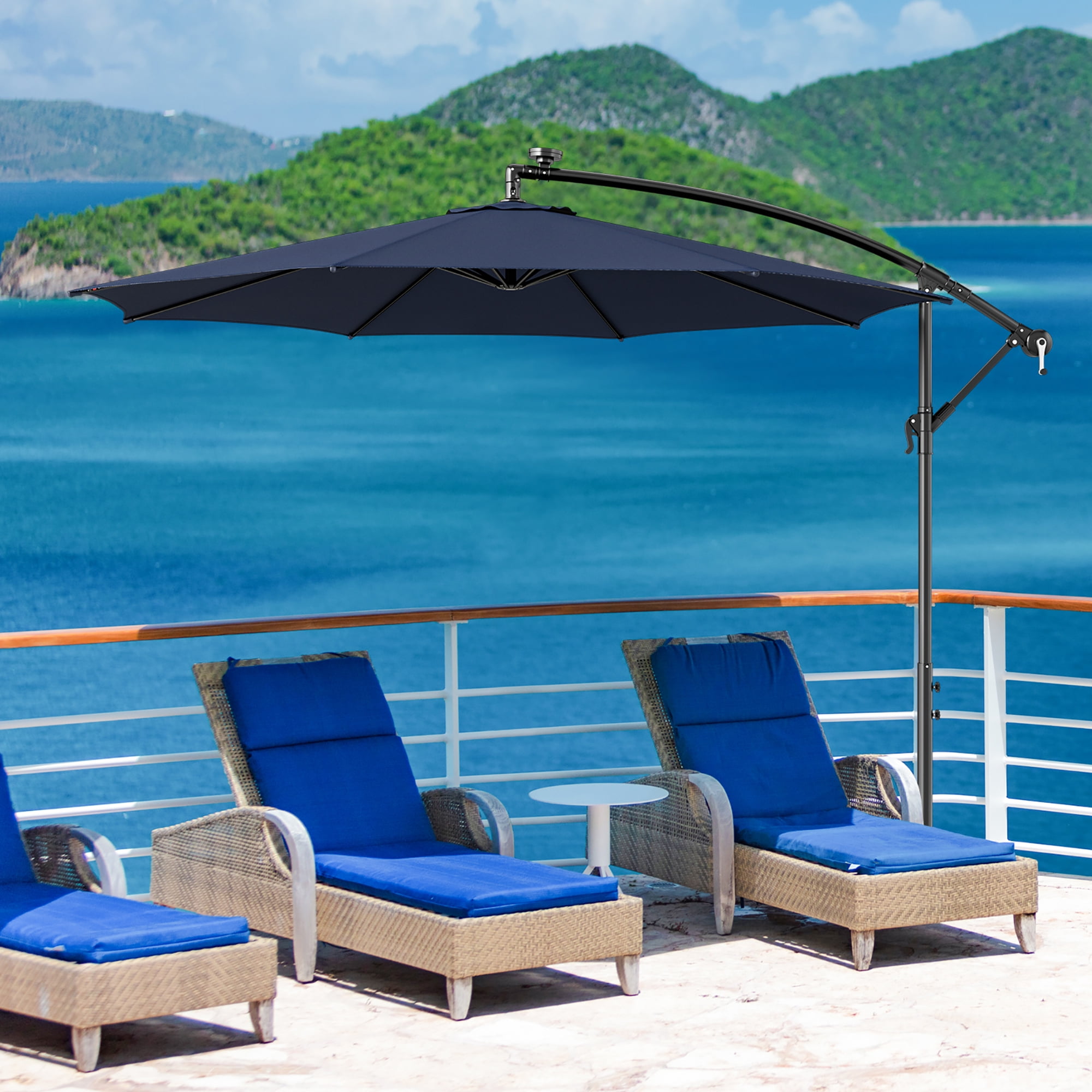 Gymax 10 FT Offset Patio Umbrella Solar Powered Cantilever Umbrella w/ 112 LED Lights Navy