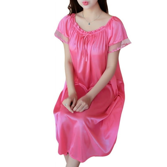 BOOYOU Womens Summer Lace Ice Silk Nightdress Short Sleeve Loose Plus Size Nightgown XL
