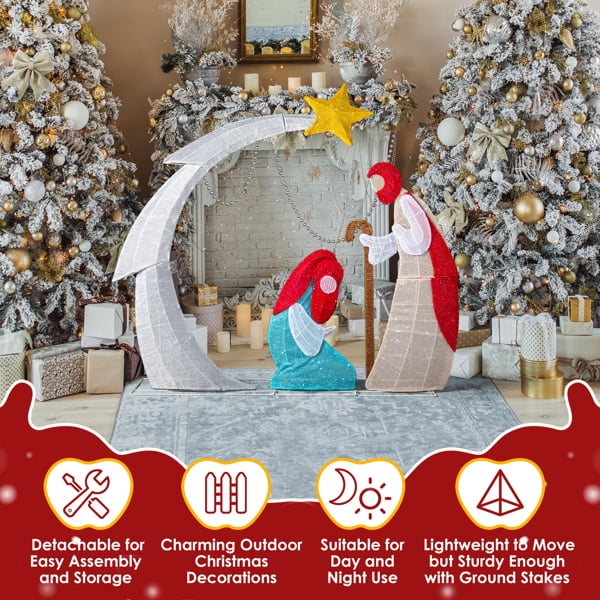 48in Lighted Outdoor Nativity Scene, 170 White LEDs, Classic Silhouette (Moon + Star), Collapsible with Ground Stakes for Indoor/Outdoor Use