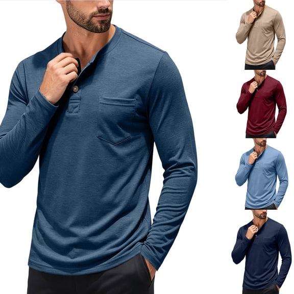 Urbanix Men's Henley Shirts Casual Long Sleeve Blouse Relaxed Henley Neck Collared Golf Shirt Outdoor Workout Wear with One Pocket