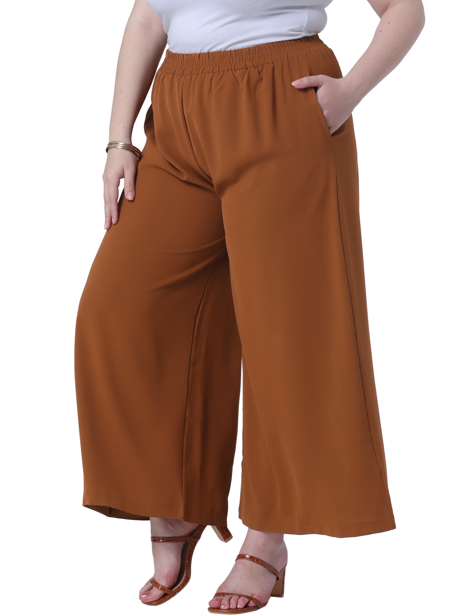 DARING DIVA Women's Plus Palazzo Pants Wide Leg with Pockets Summer Pants 5X Brown