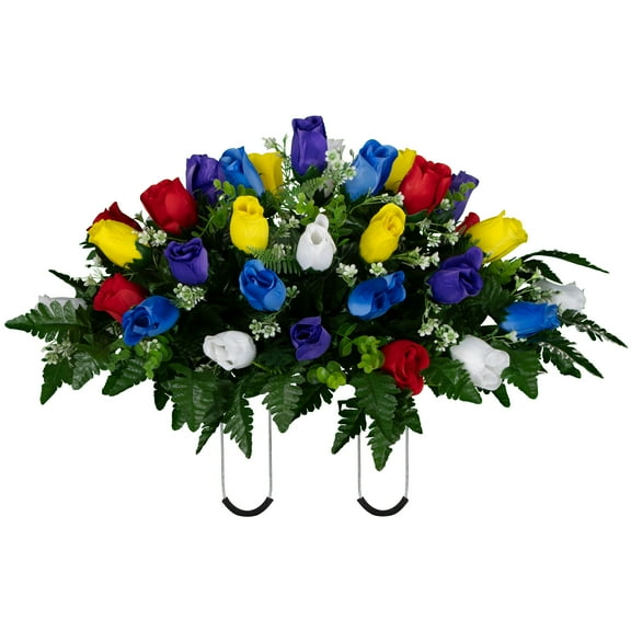 Sympathy Silks Artificial Cemetery Flowers 30" Multi-Color Rose Buds Saddle for Headstone