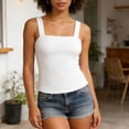 thumbnail image 3 of FRSASU Wide Strap Crop Tank Tops for Women Square Neck Slim Fit Cropped Cami Vest Backless Lettuce Trim Solid Tees Top White, 3 of 6