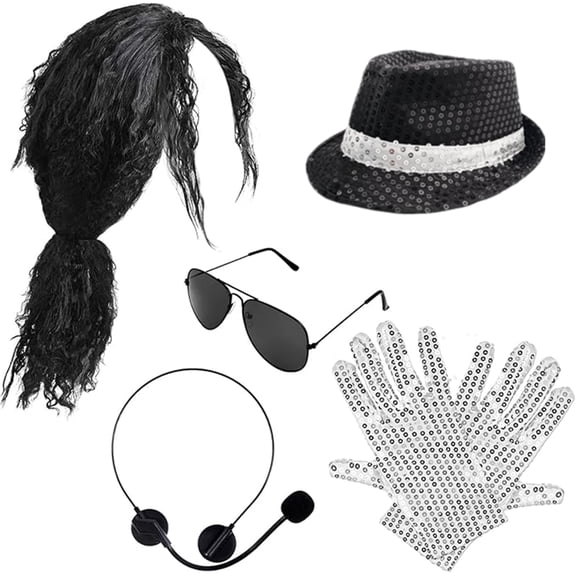 Pop Star Halloween Costume Accessory Set, with Sequin Hat, White Gloves, Sunglasses,wig Fake Microphone (5 Piece)
