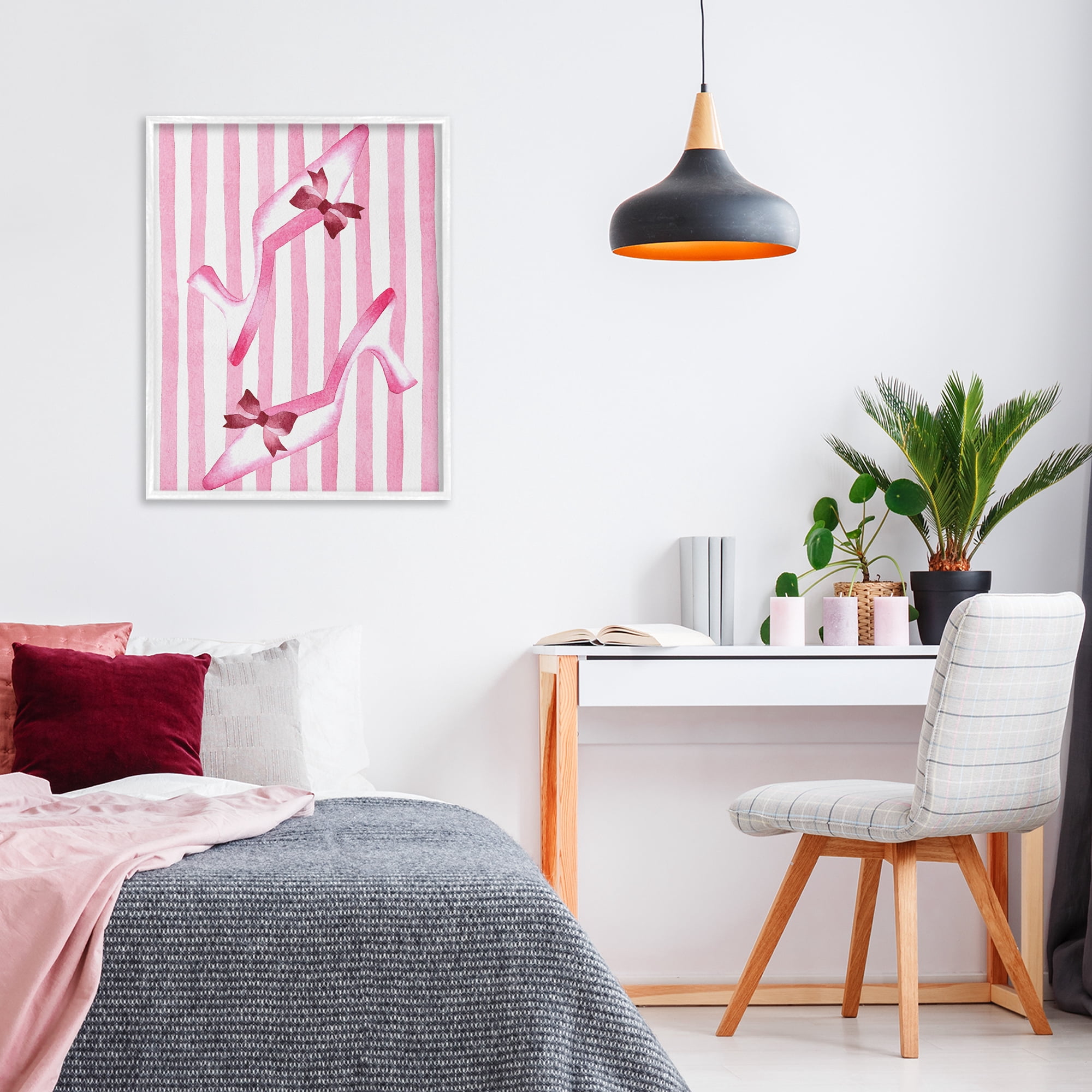 Stupell Industries Bow Heels on Pink Stripes White Framed Giclee Art, design by Camila Juncos