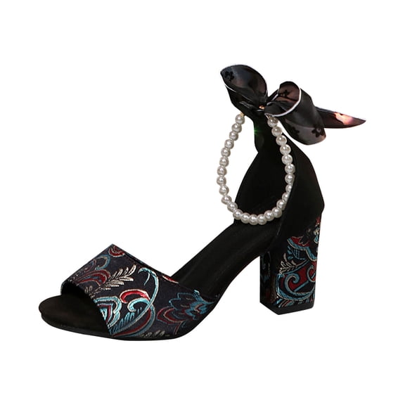 Black High Heel Sandals For Women Ethnic Embroidered Fish Mouth Strappy Chunky Heel Casual Outdoor Dressy Footwear 1 Pair Size 36 Foot Length 9.06 Inches 1.074 Pounds