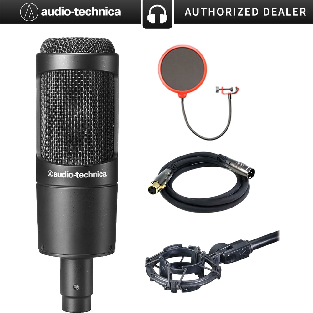 Audio-Technica (AT2035) Large Diaphragm Studio Condenser Microphone Bundle + Universal Pop Filter Wind Screen w/Stand Clip + 10’ Premier Series XLR Male - Female 16AWG Cable + Microphone Shock Moun